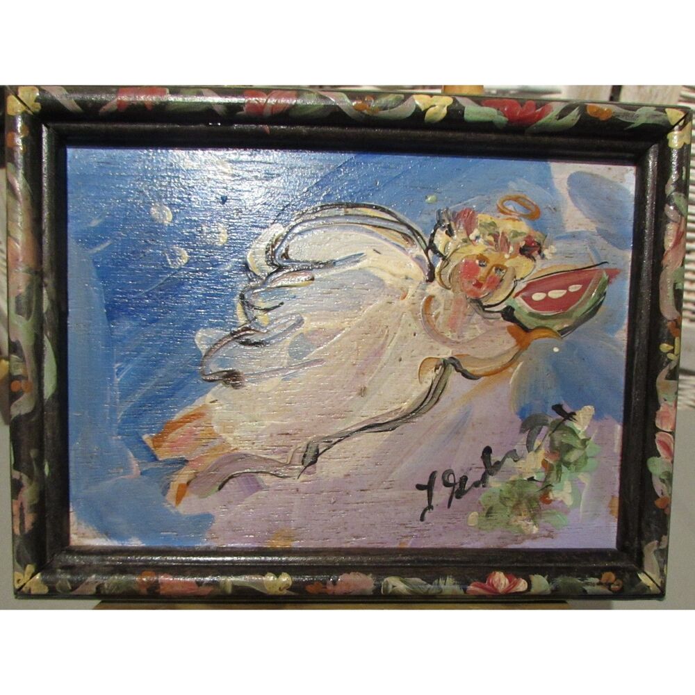 Original winged angel painting on wood framed signed by artist gallery wall art